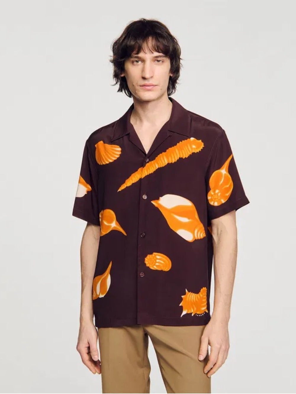 Sandro Men's Short-Sleeve Shell Print Button-Down - Dark Brown & Orange